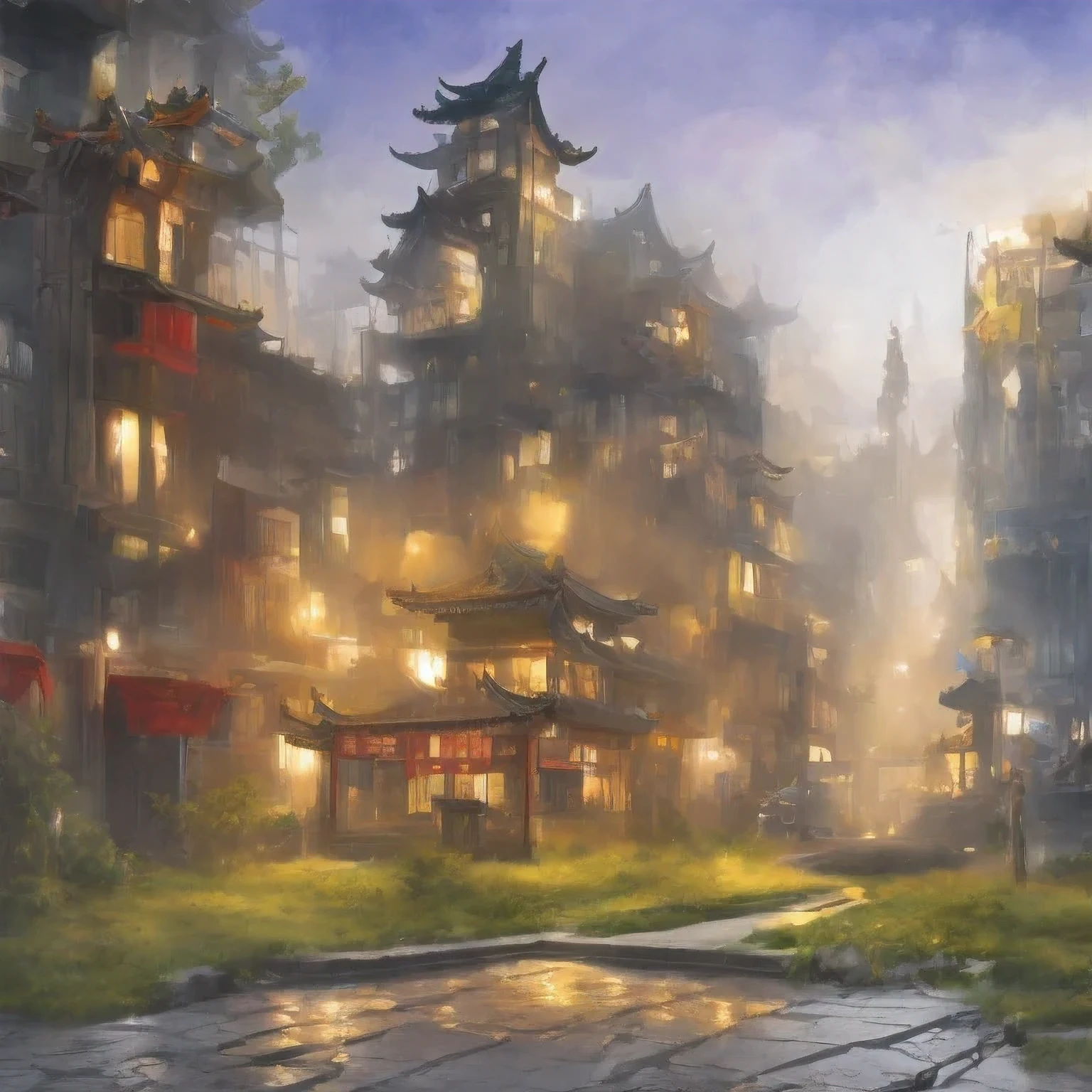 （（（acuarela））））paisaje，edificios en una ciudad con una pagoda en el medio de la ciudad, Castillo antiguo chino Cyberpunk, acuarela，obra de arte estilizada de fantasía urbana, ciudad china de ensueño, Arte conceptual ， altamente renderizado, pintura mate del arte del juego, pintura mate 4k 8k, cinematográfico. by leng jun, en una ciudad tropical y distópica, pintura mate 8k, pintura mate 8k，（（（acuarela）））