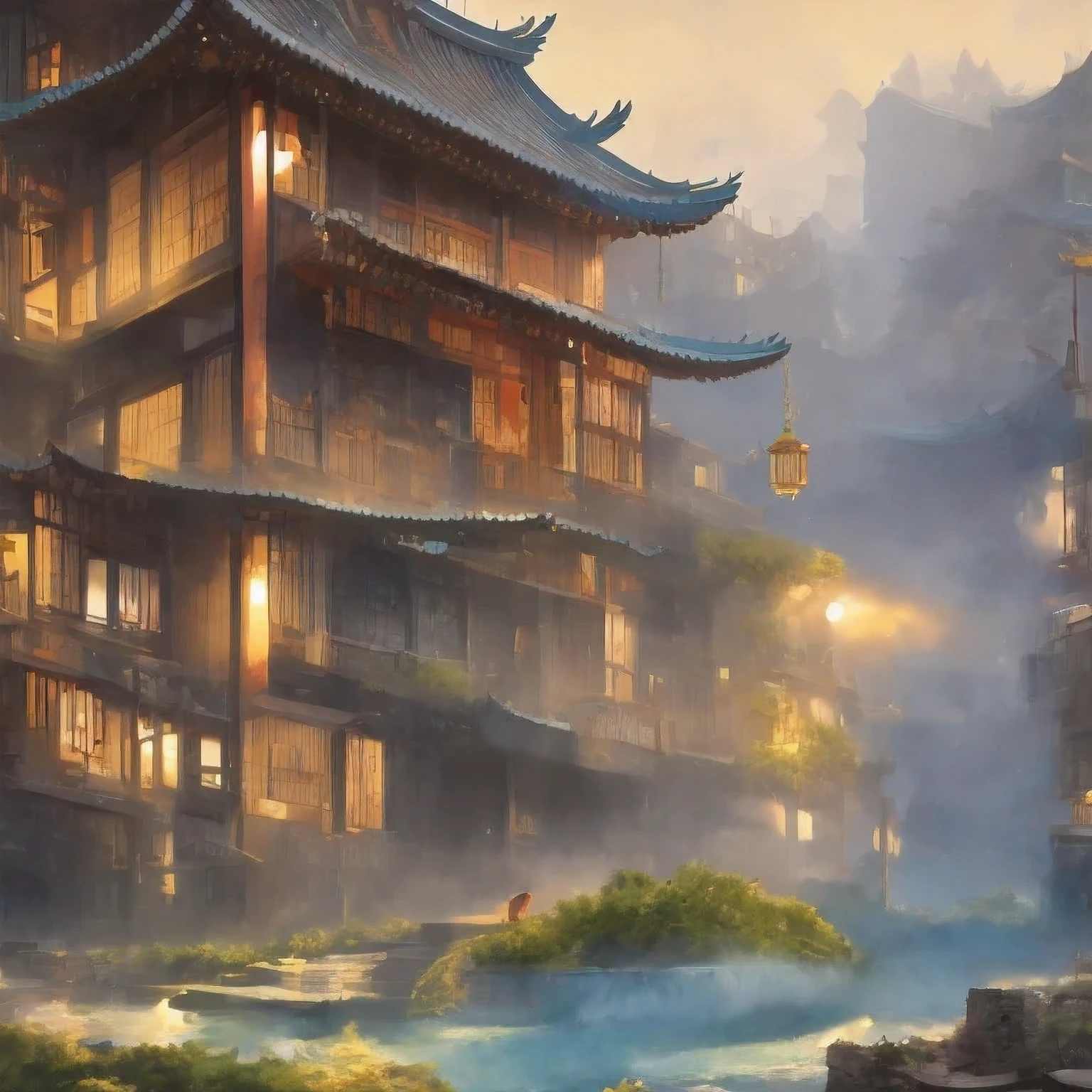 （（（Aquarell））））Landschaft，Gebäude in einer Stadt mit einer Pagode in der Mitte der Stadt, cyberpunk chinese ancient castle, Aquarell，stilisiertes Urban-Fantasy-Kunstwerk, verträumte chinesische Stadt, Konzeptkunst ， hoch gerendert, Spielkunst Matte Painting, Matte-Malerei 4k 8k, filmisch. von leng jun, in einer tropischen und dystopischen Stadt, 8k Matte Painting, 8k Matte Painting，（（（Aquarell）））