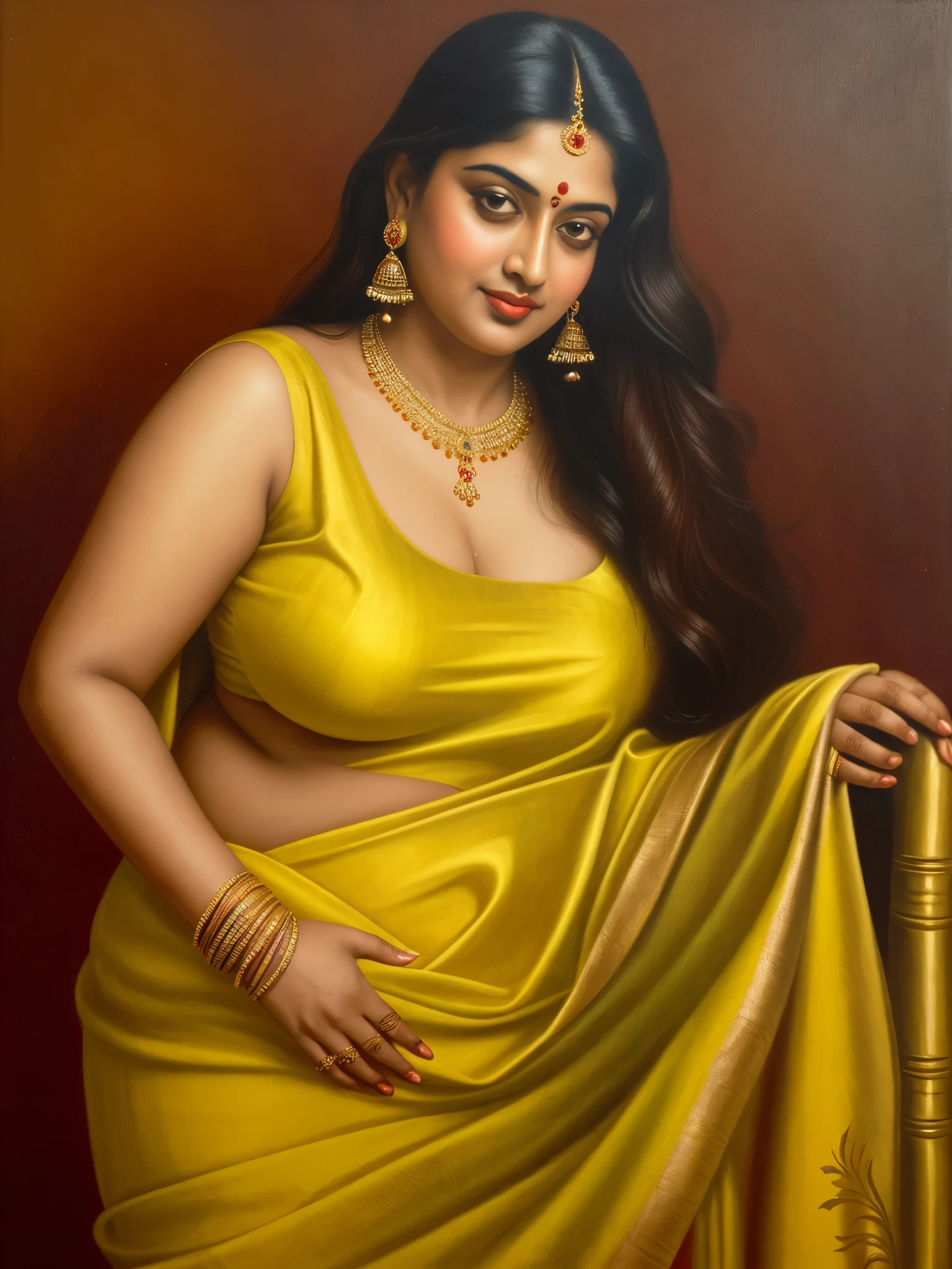 Beautiful painting of a woman in a sari with a necklace and earrings, beautiful thick figure, Thick curvy beauty, looks like Sandeepa Dhar, inspired by Raja Ravi Varma, szukalski ravi varma, portrait of a beautiful goddess, by Raja Ravi Varma, indian goddess, traditional beauty, a stunning portrait of a goddess, inspired by T. K. Padmini, indian art, indian goddess of wealth, portrait of a goddess