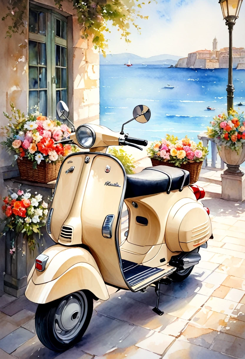 
                  This painting captures a refreshing morning seaside scene，

       Shown is a beige classic Italian Vespa motorcycle( Perfect anatomical structure )Elegance parked by the sea。There is a flower basket in the back seat，There are all kinds of flowers blooming inside，

    Create a charming and relaxing atmosphere。The overall composition evokes a timeless beauty and supremely refined textures，And presented in the style of meticulous watercolor painting
