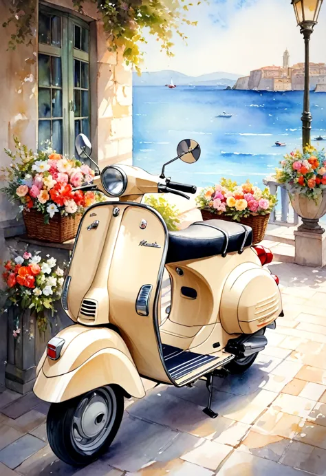 
                  This painting captures a refreshing morning seaside scene，

       Shown is a beige classic Italian Vespa mot...