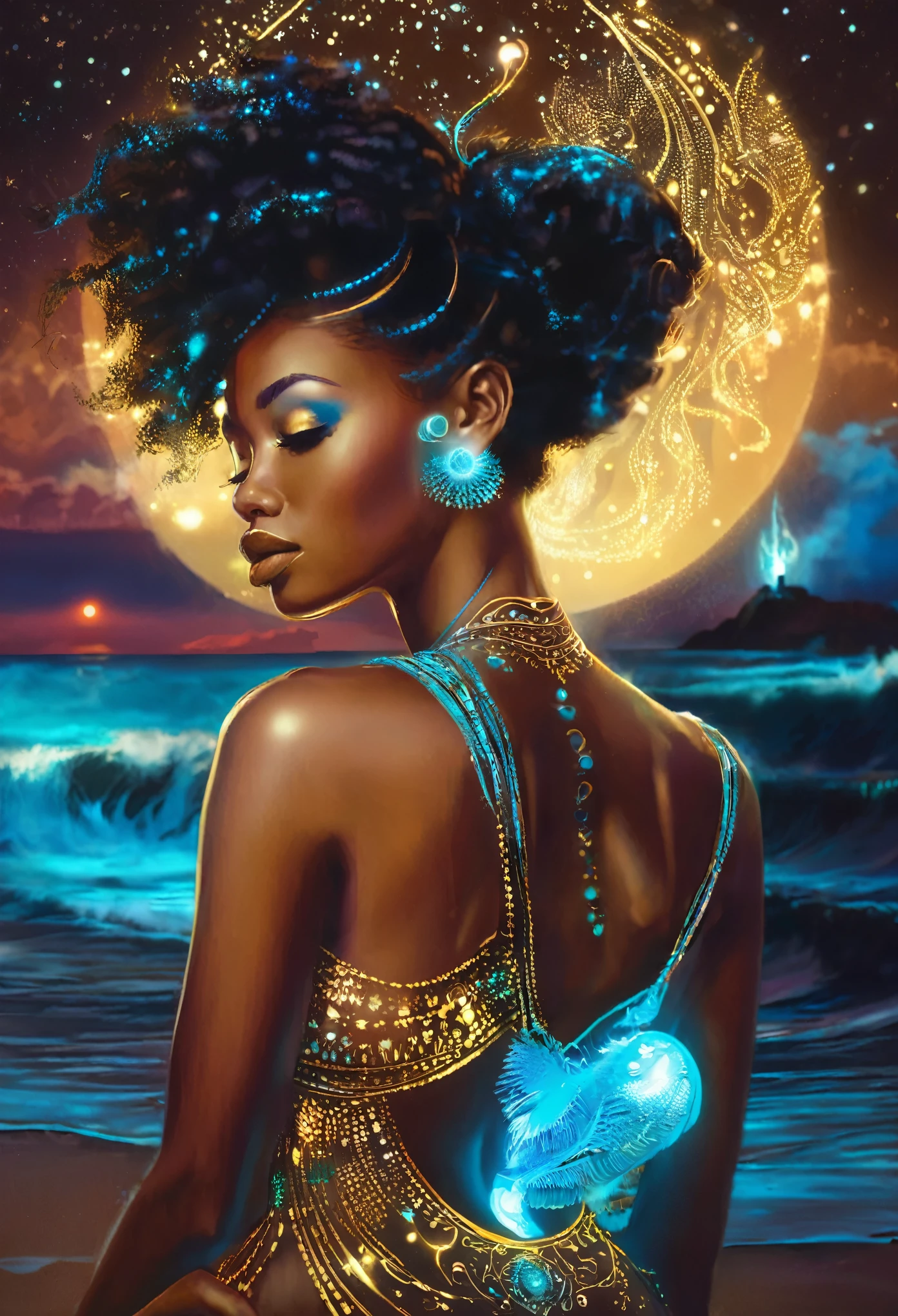 Die innere Seele einer schwarzen Frau träumt biolumineszent