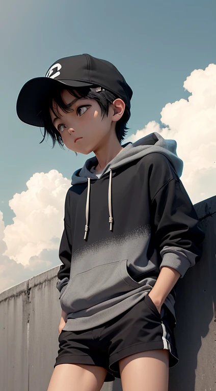 Anime indonesischer Junge, 1 Junge, kurze Hosen, schwarze Haare, ,trage Hut,trage einen grauen Hoodie, Blick in den Himmel, Himmel mit Wolken, Nachmittag, Lo-Fi, Kamera von unten