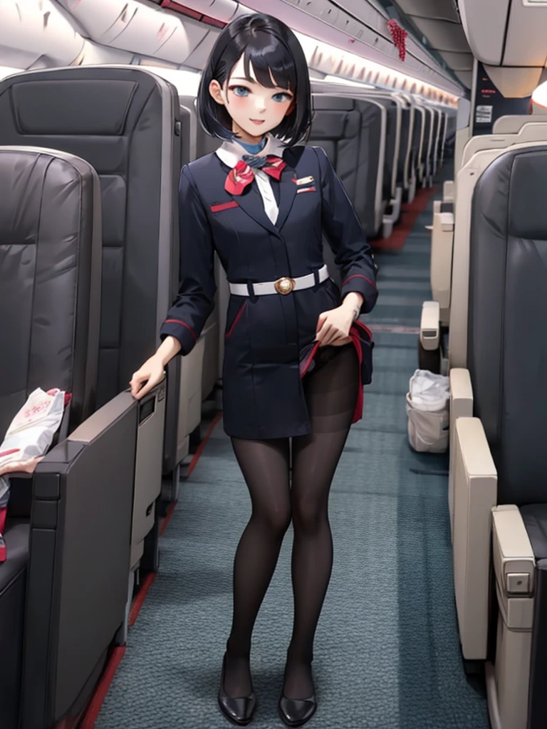 masterpiece, best quality, 1 girl, solo, 18 years old, small breasts, Perfect Face, beautiful, bob cut, jal uniform, airplane interior, black pantyhose, white lace panty, panties under pantyhose,full body,looking through legs