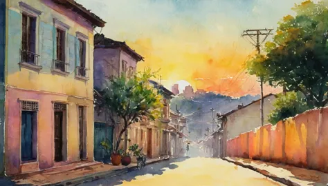 (watercolor), landscape, ennui, Afternoon sun, sunset, South America, Residential Street, Out of the window, Soft colors, Warm L...