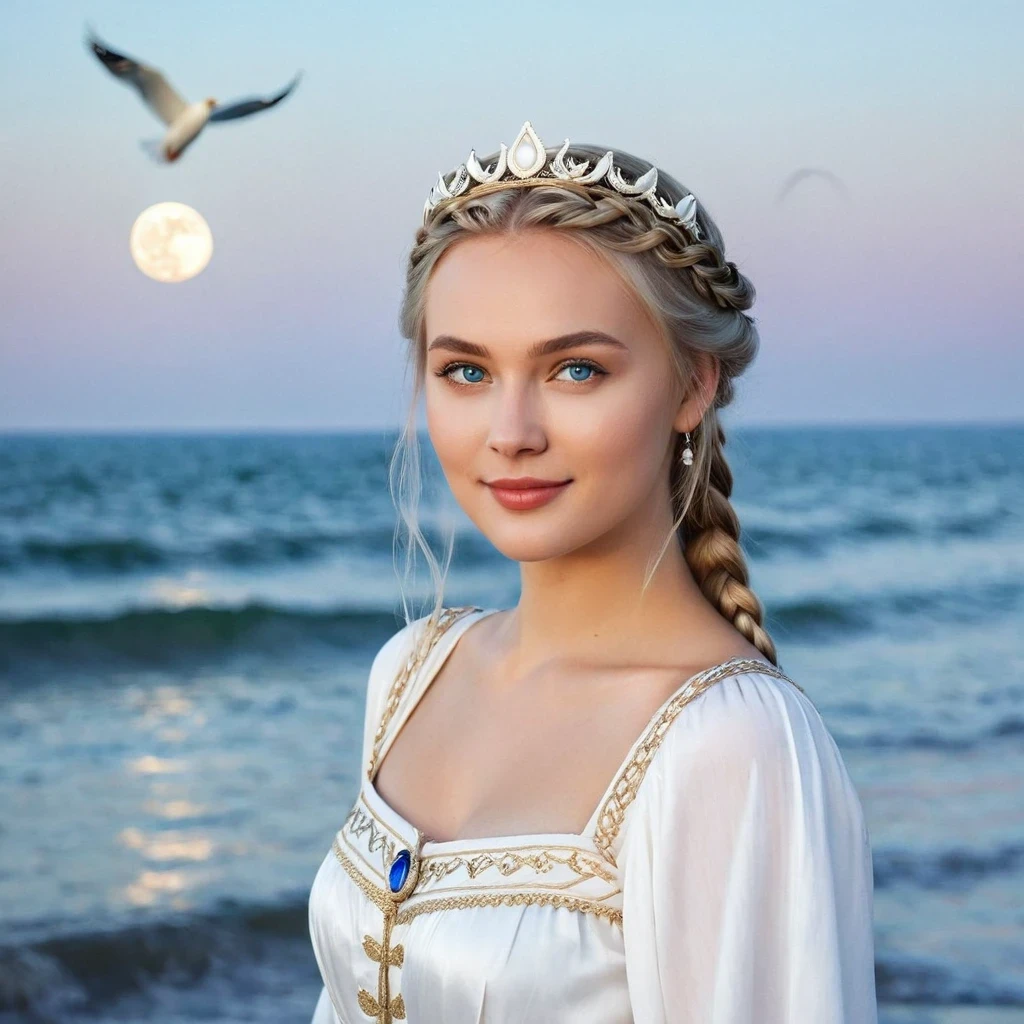 il y a une fille qui sort de la mer, la princesse cygne de la mythologie russe, un beau visage calme, yeux bleus, cheveux longs blonds tressés en une seule tresse, la lune est tissée dans les cheveux à l&#39;arrière de la tête, vieux vêtements russes brillants blancs, une couronne kokochnik sur la tête, un regard affectueux, un demi-sourire, une expression douce sur son visage, un paysage marin et la lumière du soleil en arrière-plan, mouettes dans le ciel, Pleine longueur,  photoréalisme