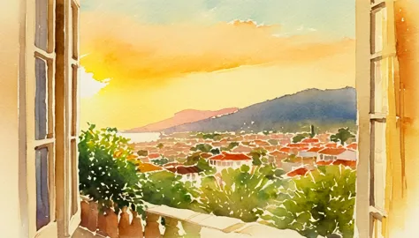 (watercolor), landscape, ennui, Afternoon sun, sunset, South America, Residential Street, Out of the window, Soft colors, Warm L...