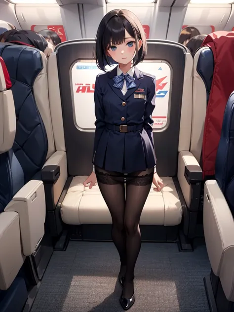 masterpiece, best quality, 1 girl, solo, 18 years old, small breasts, Perfect Face, beautiful, bob cut, jal uniform, airplane in...