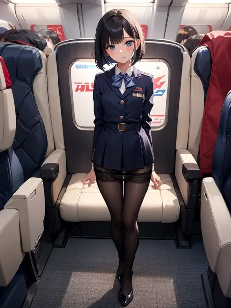 masterpiece, best quality, 1 girl, solo, 18 years old, small breasts, perfect face, beautiful, bob cut, jal uniform, airplane in...