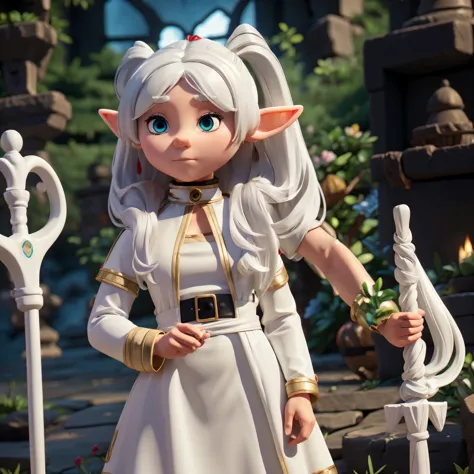 1 elf girl, white skin, big white hair, strong black eyes, dressed as a female wizard, holding a staff, frieren