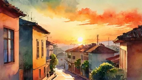 (watercolor), landscape, ennui, Afternoon sun, sunset, South America, Residential Street, (Out of the window), Soft colors, Warm...