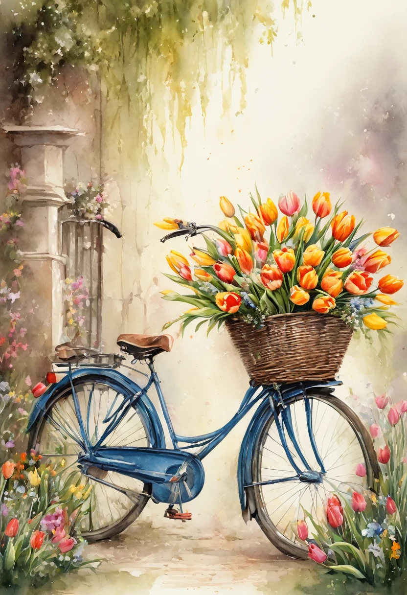      masterpiece, Beautiful detailed ultra high definition beautiful art with a beige bicycle，A bicycle with a basket of flowers in front of it. Hand-painted with a brush and watercolor. Perfect anatomy of tulips, Beautiful Garden, bicycle, Beautiful flowers, Dutch style,Strange and cute, Flowers everywhere, spring, Beautiful digital artwork for the garden, Detailed 4k, Very detailed numbers, Soft and rich colors, Gorgeous numbers