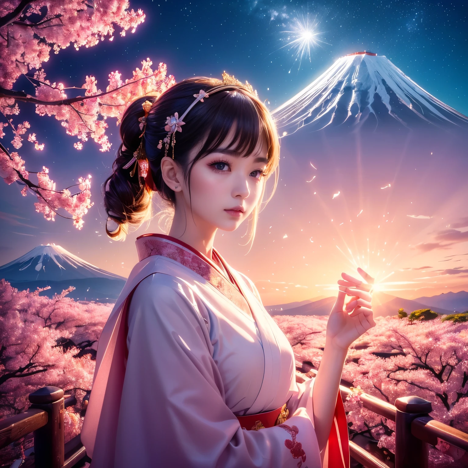 (最高masterpiece,highest quality,masterpiece,Highest Resolution:1.2)、Japan、(One girl,Japanの巫女,White and red outfit,Traditional Costume,Ogosoka,expression,Iris,Look ahead,Black Hair,Walk slowly,Half Body)、(Night maze sky,Huge old tree behind,Mikamiki,Shiny pink petals fall behind,後ろのJapanの神社,Mount Fuji in the background,Mt.Fuji,Blowing Wind,meteor cloud)、Amazing night sky、