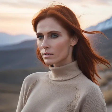 audreyfleurot1024 , wild head in the wind, turtleneck cropped top, mountain, sunset, detailled eyes, photography, highly detaile...