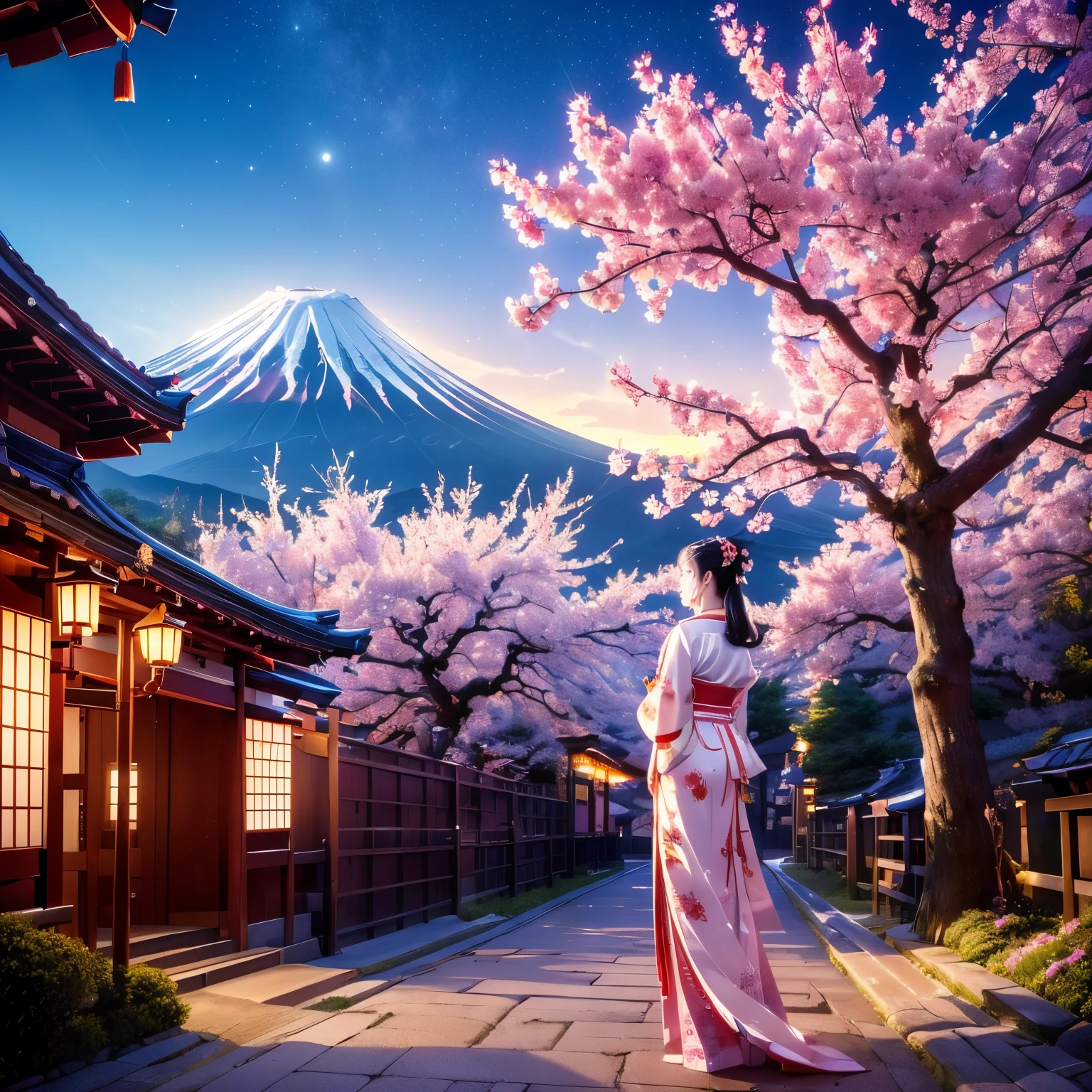 (最高masterpiece,highest quality,masterpiece,Highest Resolution:1.2)、Japan、(One girl,Japanの巫女,White and red outfit,Traditional Costume,Ogosoka,expression,Iris,Look ahead,Black Hair,Walk slowly,Half Body)、(Night maze sky,Huge old tree behind,Mikamiki,Shiny pink petals fall behind,後ろのJapanの神社,Mount Fuji in the background,Mt.Fuji,Blowing Wind,meteor cloud)、Amazing night sky、