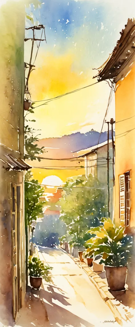 (watercolor), landscape, ennui, Afternoon sun, sunset, South America, Residential Street, Out of the window, Soft colors, Warm L...