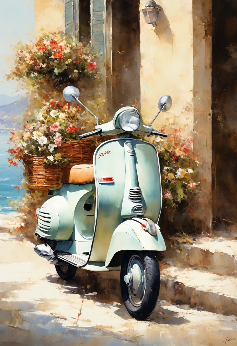 
                  Ce tableau capture une scène balnéaire matinale rafraîchissante，

       La photo montre une moto Vespa italienne classique beige( Structure anatomique parfaite )L&#39;élégance garée au bord de la mer。Il y a un panier de fleurs sur le siège arrière，Il y a toutes sortes de fleurs qui fleurissent à l&#39;intérieur，

    Créez une atmosphère charmante et relaxante。La composition globale évoque une beauté intemporelle et des textures extrêmement raffinées，Et présenté dans le style d&#39;une peinture à l&#39;aquarelle méticuleuse