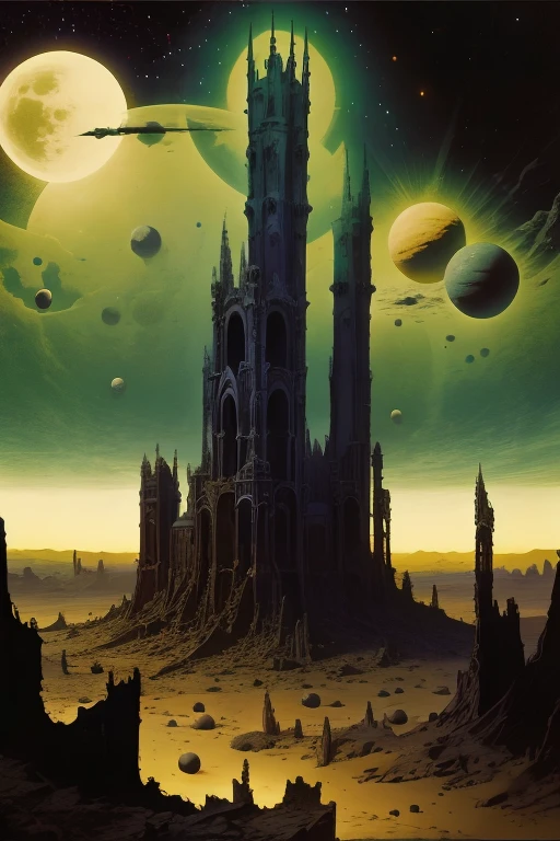 landscape, dark night, planets on the sky, a giganctic rectangular tower, gothic, desert, creepy, destroyed statues, biological spaceships.