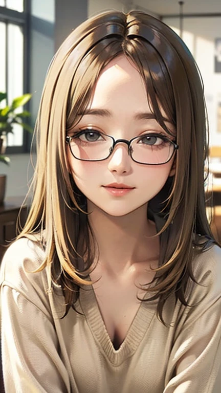 1 female, /(Oversized sweater/) V-neck, Mature Woman, /((((Mid-length hair、Light brown hair、Blonde hair)))) Beautiful forehead, Stylish Glasses、A gentle blushing smile, (Masterpiece of the highest quality:1.2) Delicate illustrations, super detailed,  /(Modern house living room/) indoor