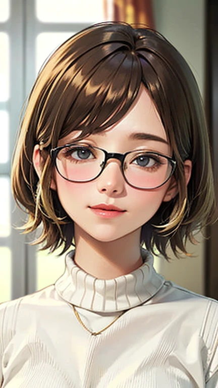 1 female, /(Tight sweater/) V-neck, Mature Woman, /((((short hair、Light brown hair、Blonde hair)))) Beautiful forehead, Stylish Glasses、A gentle blushing smile, (Masterpiece of the highest quality:1.2) Delicate illustrations, super detailed,  /(Modern house living room/) indoor