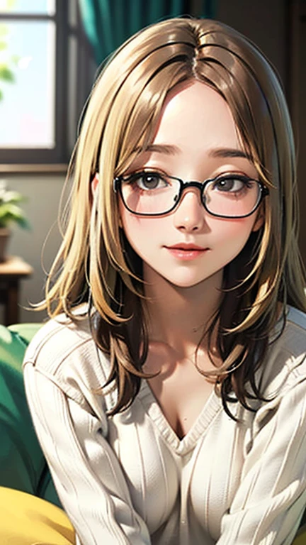 1 female, /(Tight sweater/) V-neck, Mature Woman, /((((Mid-length hair、Light brown hair、Blonde hair)))) Beautiful forehead, Stylish Glasses、A gentle blushing smile, (Masterpiece of the highest quality:1.2) Delicate illustrations, super detailed,  /(Modern house living room/) indoor