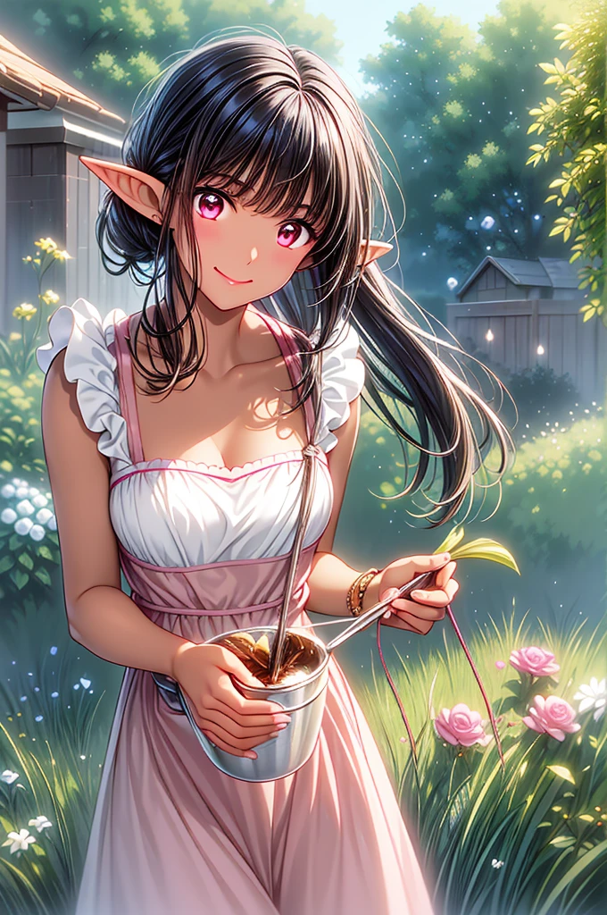 Elf Woman, Tanned brown skin, Beautiful silver hair, Tie your hair back, Pointy Ears, Beautiful red eyes, Pink Lips, kitchen, Wearing a frilly apron, Long skirt, Cleavage. , Looking at the audience, Embarrassed face, smile, Depiction of only the upper body