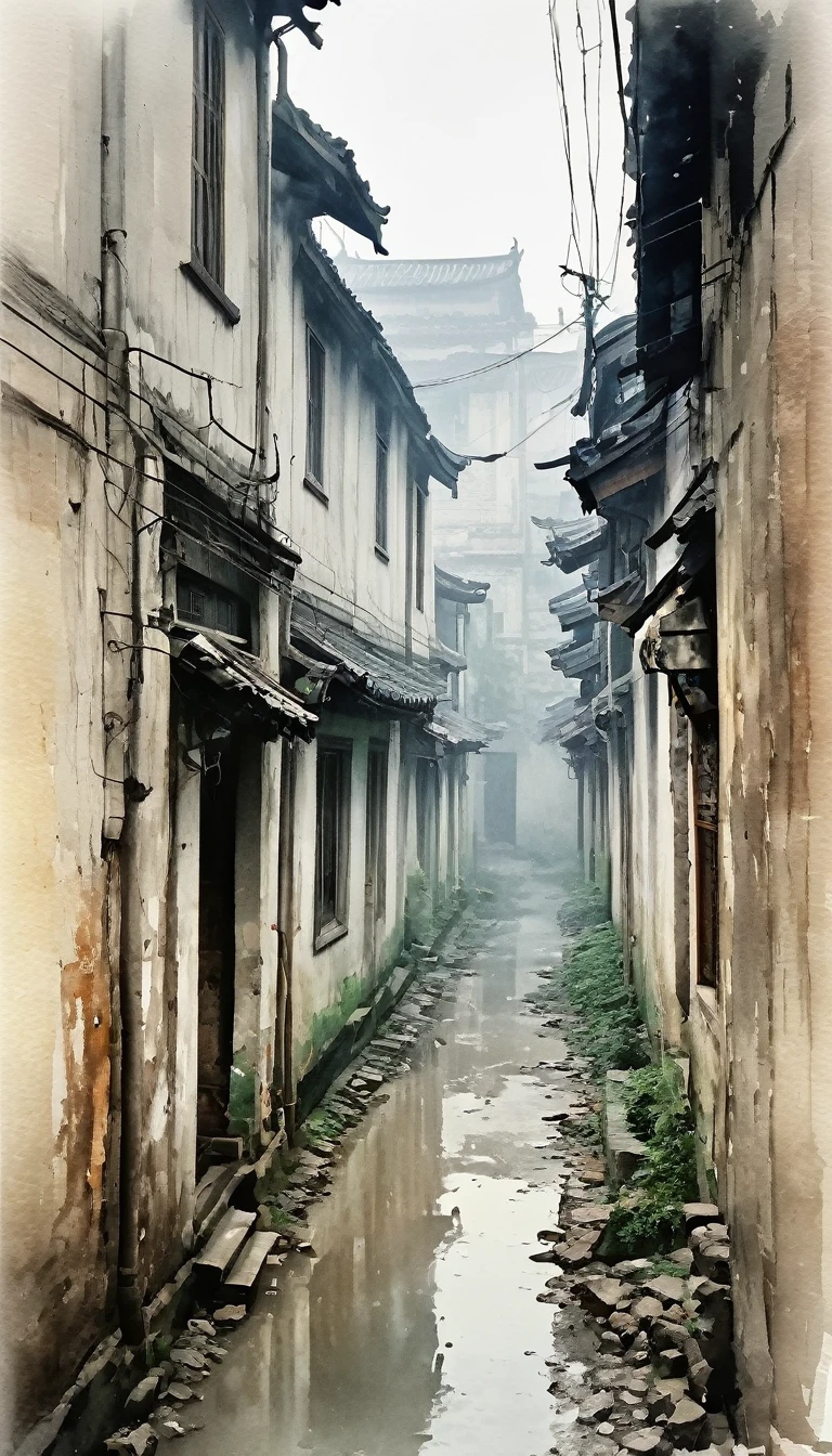 (watercolor), ennui, cloudy, Residential area in China, Village, danger, Soft colors, Vaguely, haze, fog, Old building, Narrow Alley, after the rain, rotten wall, Pale Light, Heavy atmosphere, Tranquility, dilapidated, 人Shadow, Dim, Shabby, weathered, Rusted iron, Tension, Silence, ruins, Shadow, Distorted Lines, Faint Light