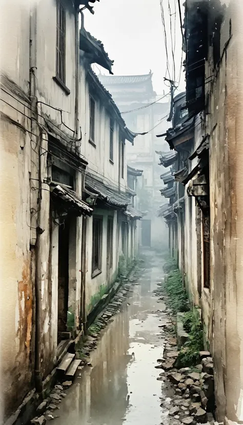 (watercolor), ennui, cloudy, Residential area in China, Village, danger, Soft colors, Vaguely, haze, fog, Old building, Narrow A...