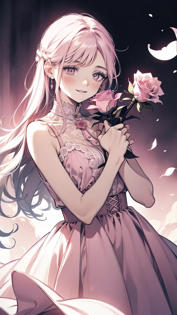 Uma garota de 18 anos usa uma rosa rosa, cabelo longo, vestido branco sem mangas, Segurando uma rosa rosa. Cheire as flores, fantasia brilhante, Surrealismo, Michael Cormac, Rosa, Tranquilidade monocromática, atmosfera brilhante, luz do sol, feliz, feliz, e sorri,