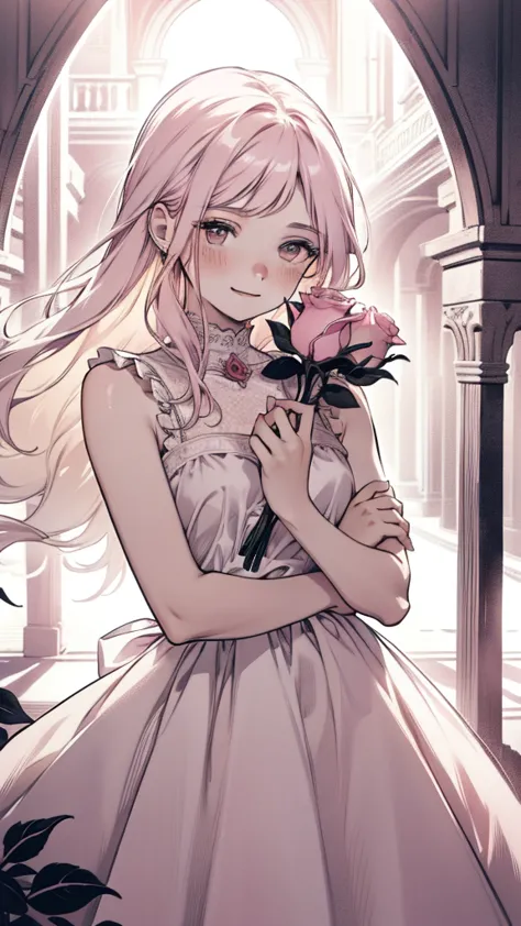 an 18-year-old girl wears a pink rose, long hair, whtie sleeveless dress, holding a pink rose. smell the flowers, bright fantasy...