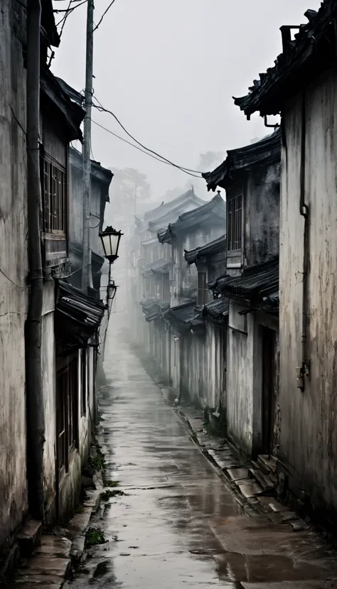 (watercolor), landscape, ennui, cloudy, Residential area in China, Village, danger, Senior, Pale colors, fog, Silence, Melanchol...