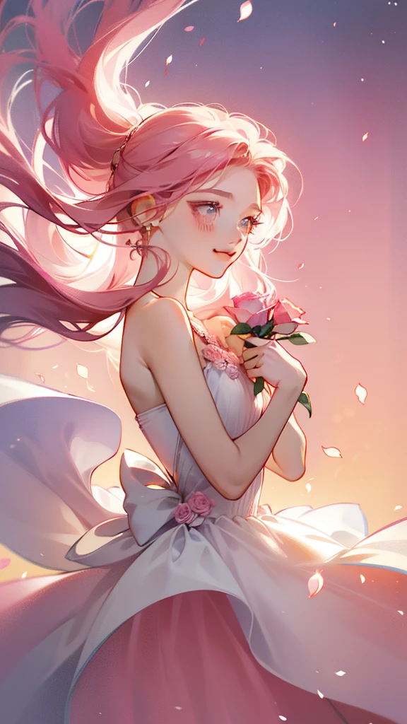18歲女孩戴粉紅玫瑰, 長髮, 白色無袖連身裙, 拿著一朵粉紅玫瑰. 聞花香, 明亮的幻想, 超現實主義, 麥可·科馬克, 粉紅色的, 單色的寧靜, 明亮的氣氛, 陽光, 幸福的, 幸福的, 和微笑,