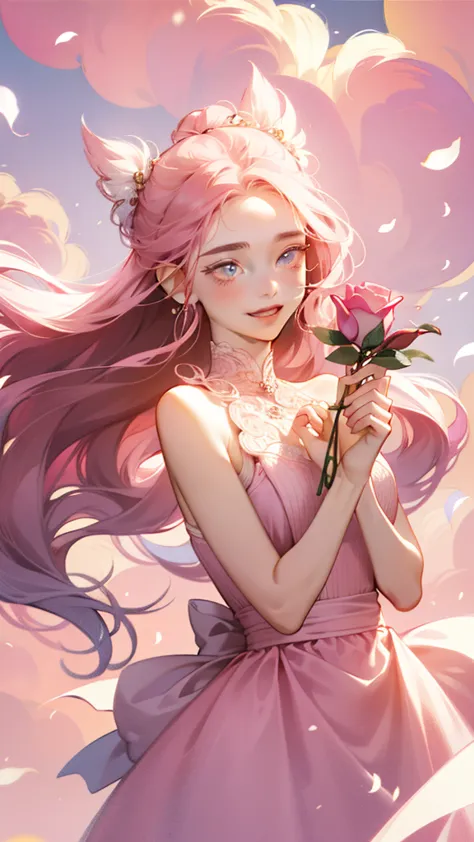 an 18-year-old girl wears a pink rose, long hair, whtie sleeveless dress, holding a pink rose. smell the flowers, bright fantasy...