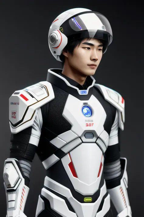 A 20-year-old man with a coffee complexion and Chinese hair wearing a white cybernetic machine suit and a white pilot helmet wit...