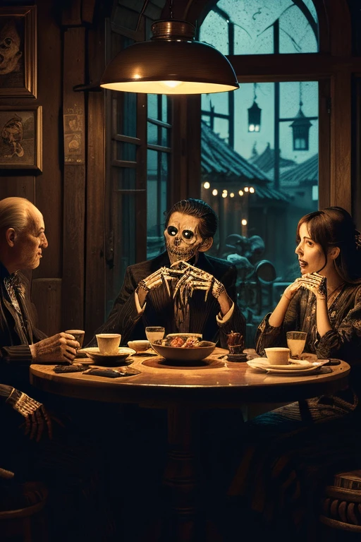 (rosto ultra detalhado:1.3), (Fantasy illustration with gothic & Ukiyo-e & arte em quadrinhos), (1 escuro, pub medieval de estilo europeu sem clientes, a skeletal gentleman is eating at a table:1.3), QUEBRAR (On the table are black noodles and blood-colored pudding:1.5), QUEBRAR (The skeletal gentleman is the Grim Reaper, vestindo um robe preto estampado com renda)