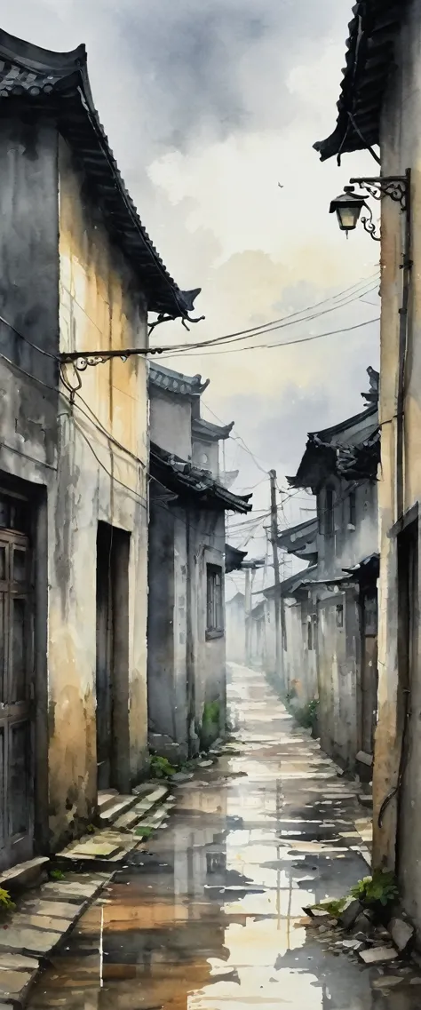 (watercolor), landscape, ennui, cloudy, Residential area in China, Village, danger, Senior, Pale colors, fog, Silence, Melanchol...