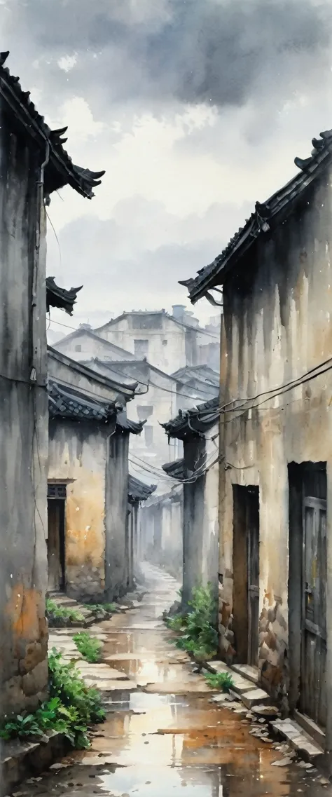 (watercolor), landscape, ennui, cloudy, Residential area in China, Village, danger, (Senior), Pale colors, fog, Silence, Melanch...