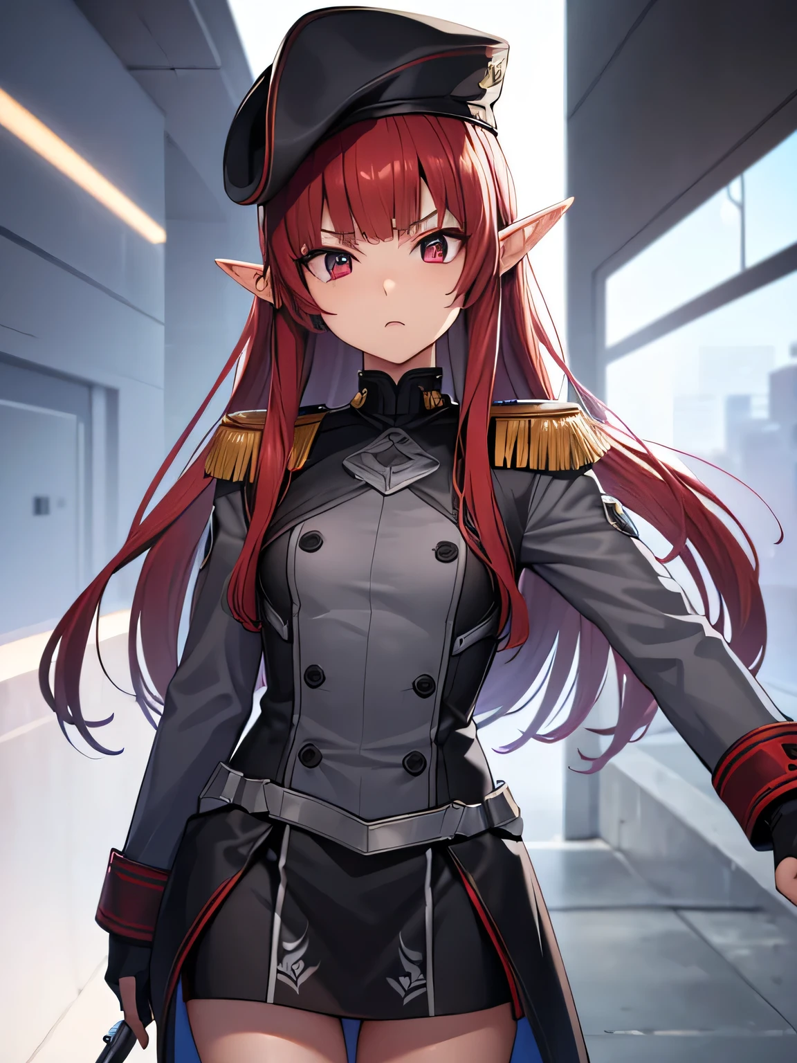 highly detailed 3D rendering of a character named Ulc from SEGA's PSO2. elf-like female with pointed ears, (small gray woman's Garrison cap), (long straight dark red hair), (gray futuristic military-style uniform, including a fitted jacket with intricate white designs, shoulder epaulets, and a skirt), (annoyed, stupefied), (one hand near her ear as if she is communicating through a device)