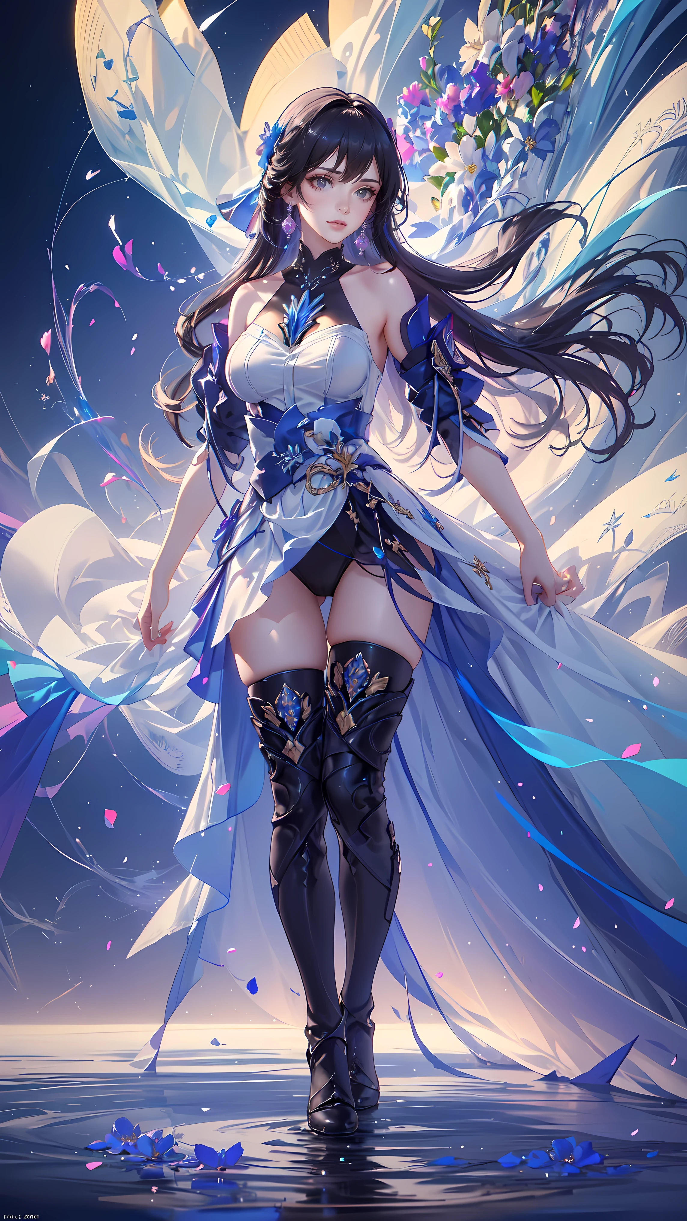 (((FULL BODY POSE))) (((SHOW PANTIES))) (((BIG GIANT BOOBS))) (((WHITE LONG HAIR))) ((GOOD FINGER, ANATOMY CORRECTED)) (((WHITE BLUE LUXURY ARISTOCRATIC NOBLE COSTUME WITH FLOWER BROCHS))) | A WOMEN WEAR ((SEXY OUTFIT)) FLOATING IN THE WATER ((BLUE SKY BACKGROUND)) ((FLOWER PETALS FAILING BACKGROUND IS A BLUE SKY)))) HORIZON PLANET FULL OF (((STARS))) | big eyes, ((big boobs)) sexy pose, big thigh, full body, large breasts, open legs, show panties, smile, portrait knights of zodiac, extremely detailed ((pixiv arts)), high detailed official artwork, [ tarot card ]!!!!!, detailed key anime art, knights of zodiac anime, beautiful celestial mage, firefly from honkai star rails, full body | (dynamic angle:1.1), outline, ((thick line art)), cover, stylish, official art, (details:1.2), (fantasy), garden, (bloom:1.1), glow:0.2, shadow, nature, flower, splash water, crystal, snowflakes, particles, bokeh, anamorphic light (depth of field), sharp focus, (volumetric lighting), (bokeh:0.6), film grain:0.4, (soft lighting:1.1) (VIGNETTE:1) | high-quality, ultra-detailed illustrations, ultra-high resolution, (high resolution, overwhelmingly pixel-perfect, luxurious illustration), (Ultra Quality, Masterpiece, Ethereal:1.4) photorealistic:.1.4, UHD (8k, RAW photo, best quality, masterpiece:1.2)