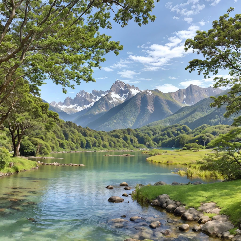 詳細な水彩風景画, 美しく精巧な木々, 緑豊かな葉, 静かな湖, 遠くに見える雪を頂いた山々, 暖かい黄金色の太陽, 柔らかいパステルカラー, 印象派のブラシストローク, 大気のもや, 水面に映る, 詳細な岩の多い海岸線, 前景の深い森, (最高品質,4K,8k,高解像度,傑作:1.2),超詳細,(現実的,photo現実的,photo-現実的:1.37),風景画