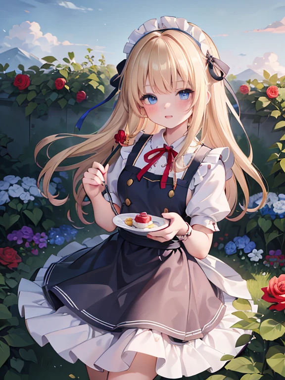 masterpiece, highest quality, Very detailed, 16k, Ultra-high resolution, 12 year old girl, Detailed face, blue eyes, Blonde, Braid, Red ribbon on head, Black maid outfit, blue sky, garden, Red Rose, garden木, Watering flowers