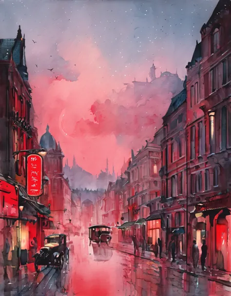 best quality, super fine, 16k, delicate and dynamic, superb watercolor landscape painting, A gorgeous red-light district at nigh...