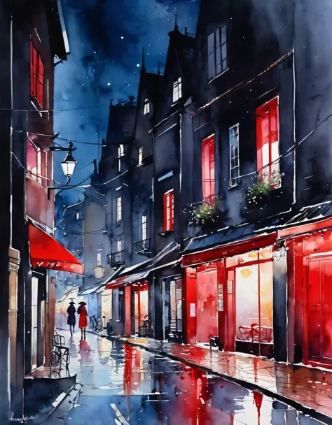 best quality, super fine, 16k, delicate and dynamic, superb watercolor landscape painting, A gorgeous red-light district at nigh...
