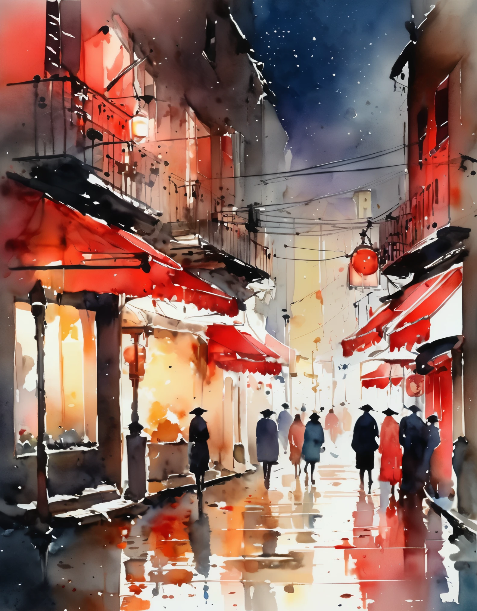 best quality, super fine, 16k, delicate and dynamic, superb watercolor landscape painting, A gorgeous red-light district at night, modern and retro, pop and classic, new and old, learning from the past, (magnificent view:1.7) , (watercolor techniques, bleeding, layering, dry brushing, sputtering, dripping, gradation, wiping)