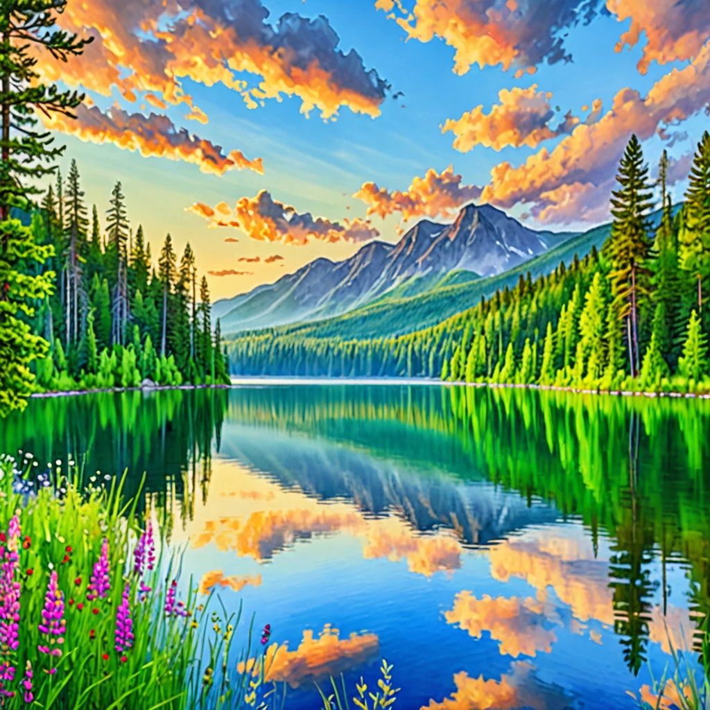 watercolor landscape, beautiful serene lake, lush green forest, mountains in the distance, soft natural lighting, warm color palette, impressionist style, detailed reflections on the water, wispy clouds in the sky, vibrant wildflowers, tranquil atmosphere, picturesque scenery, (best quality,4k,8k,highres,masterpiece:1.2),ultra-detailed,(realistic,photorealistic,photo-realistic:1.37)