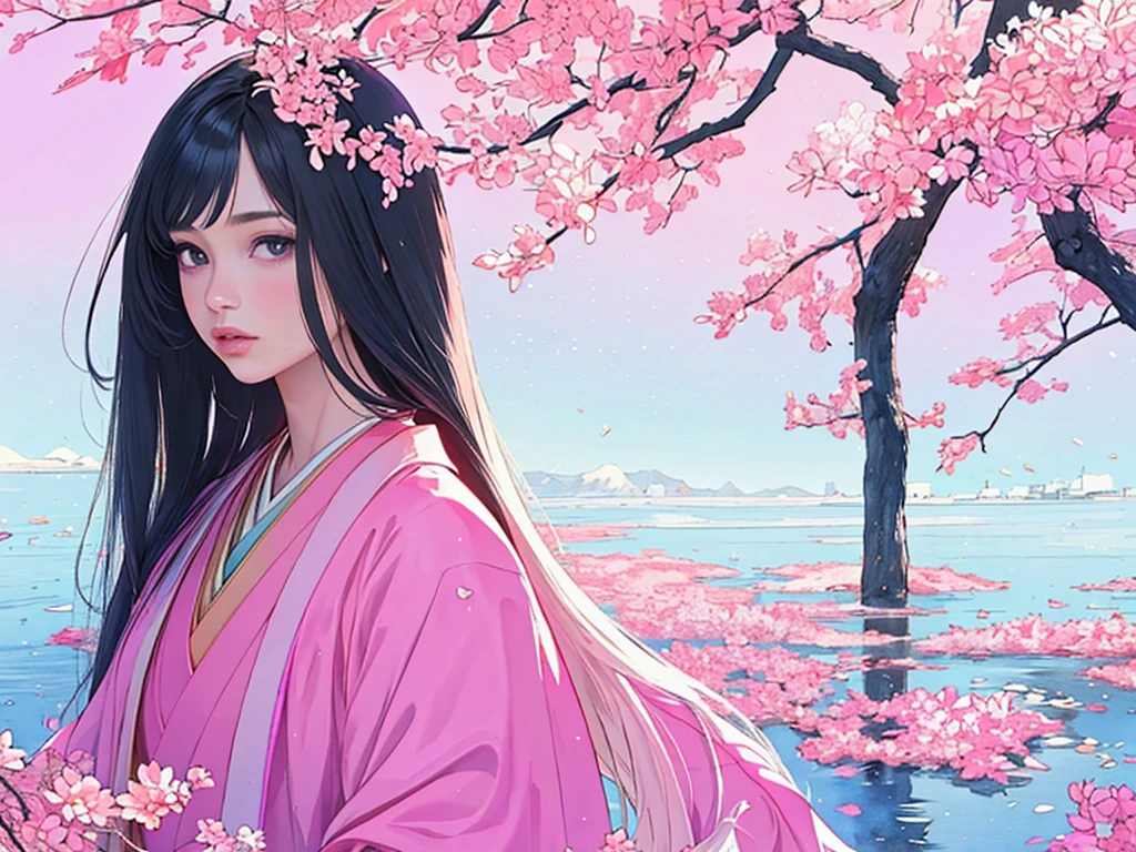 juunihitoe，Dreamy watercolor painting，(masterpiece, highest quality, highest quality，aesthetics:1.2)，１People Beautiful Girls，Beautiful Skin，(Straight Hair　Long beautiful black hair　wealthy)，Beautiful round eyes，(kimono　Gentle pale pink hue　The beauty of layered colors)，Long hakama hem，Pink Coat，Dynamic configuration，Deep background，It was foggy，Bokeh，It was foggy，Dutch Angle，Afterimage，Minimalism，Movie-like scene，Cinema Lighting，Beautiful watercolor portrait，Abstract background