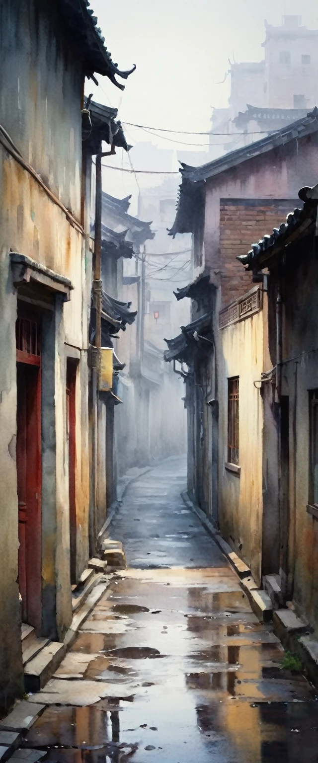 ((watercolor)),  landscape, Blurred, ennui, cloudy, China, Residential Street, Village, danger, (Senior), Alley, Foggy, Loneliness, Shabby, Dim, daily, Hidden Beauty, shadow, old, after the rain, Hazy, Silence, decline, (narrow street), , Ghost Town, Devastation, Shadow of the City, melancholy, Loneliness, nostalgia, Intensive