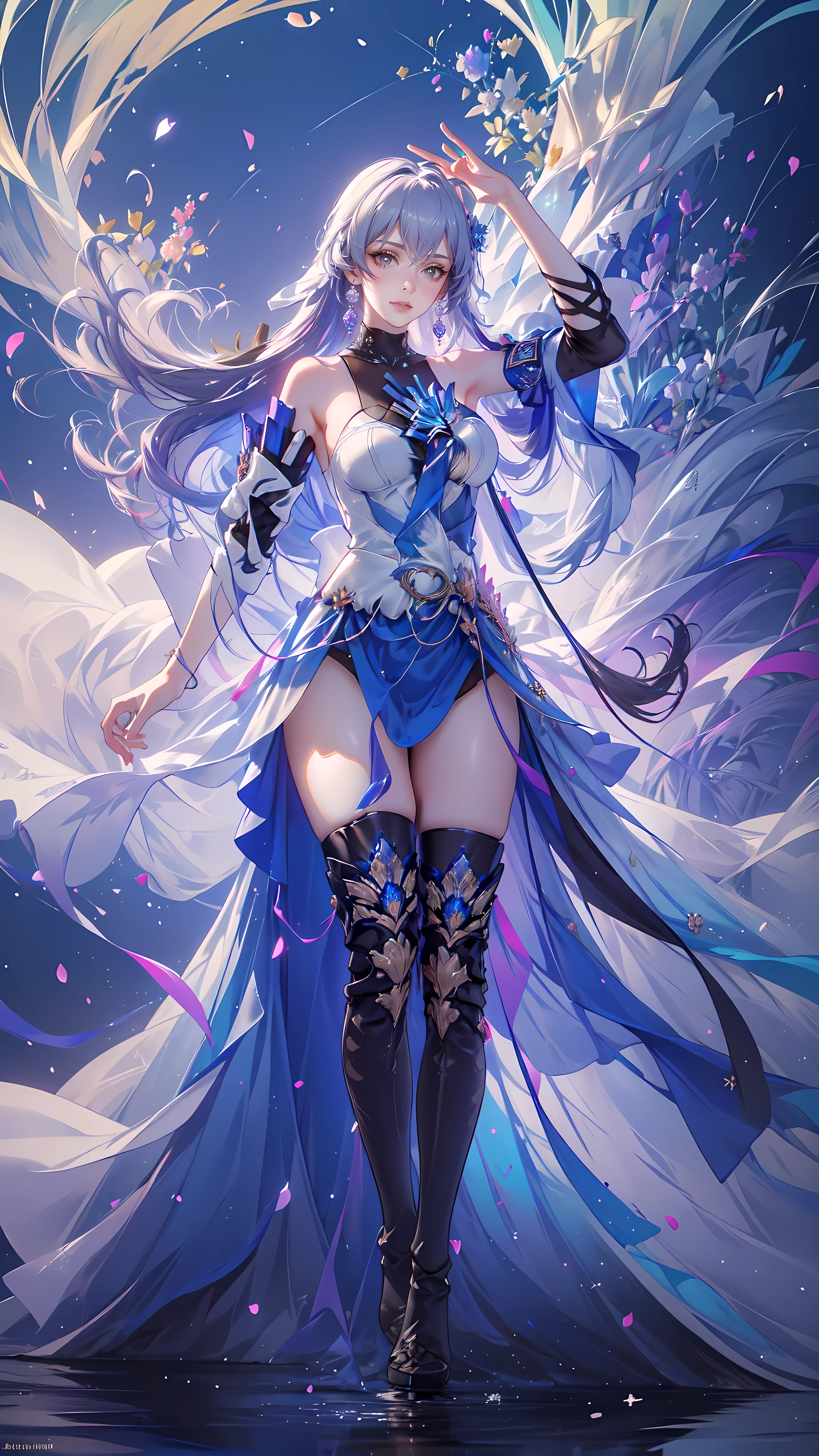 (((FULL BODY POSE))) (((SHOW PANTIES))) (((BIG GIANT BOOBS))) (((WHITE LONG HAIR))) ((GOOD FINGER, ANATOMY CORRECTED)) (((WHITE BLUE LUXURY ARISTOCRATIC NOBLE COSTUME WITH FLOWER BROCHS))) | A WOMEN WEAR ((SEXY OUTFIT)) FLOATING IN THE WATER ((BLUE SKY BACKGROUND)) ((FLOWER PETALS FAILING BACKGROUND IS A BLUE SKY)))) HORIZON PLANET FULL OF (((STARS))) | big eyes, ((big boobs)) sexy pose, big thigh, full body, large breasts, open legs, show panties, smile, portrait knights of zodiac, extremely detailed ((pixiv arts)), high detailed official artwork, [ tarot card ]!!!!!, detailed key anime art, knights of zodiac anime, beautiful celestial mage, firefly from honkai star rails, full body | (dynamic angle:1.1), outline, ((thick line art)), cover, stylish, official art, (details:1.2), (fantasy), garden, (bloom:1.1), glow:0.2, shadow, nature, flower, splash water, crystal, snowflakes, particles, bokeh, anamorphic light (depth of field), sharp focus, (volumetric lighting), (bokeh:0.6), film grain:0.4, (soft lighting:1.1) (VIGNETTE:1) | high-quality, ultra-detailed illustrations, ultra-high resolution, (high resolution, overwhelmingly pixel-perfect, luxurious illustration), (Ultra Quality, Masterpiece, Ethereal:1.4) photorealistic:.1.4, UHD (8k, RAW photo, best quality, masterpiece:1.2)