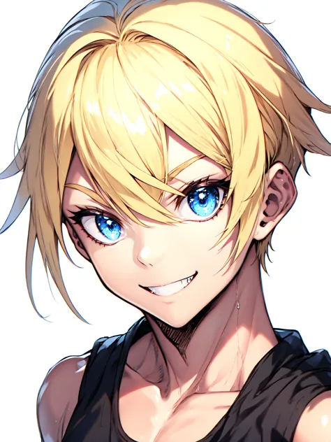 1 boy,Blonde hair, sharp eyes, blue eyes,smile,Black tank top,white background,(detailed eyes),detailed skin,masterpiece