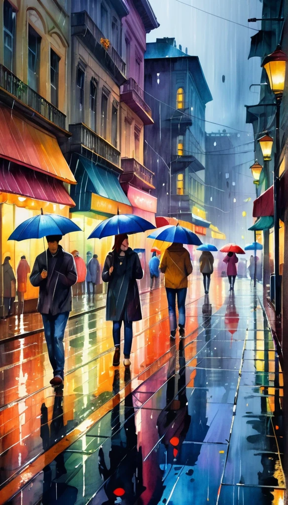 high quality watercolor painting, detailed city landscape, people with umbrellas walking in heavy rain, cars driving with lights, reflections of lights on wet streets, vibrant colors, atmospheric lighting, cinematic, masterpiece, delicate brush, wattered